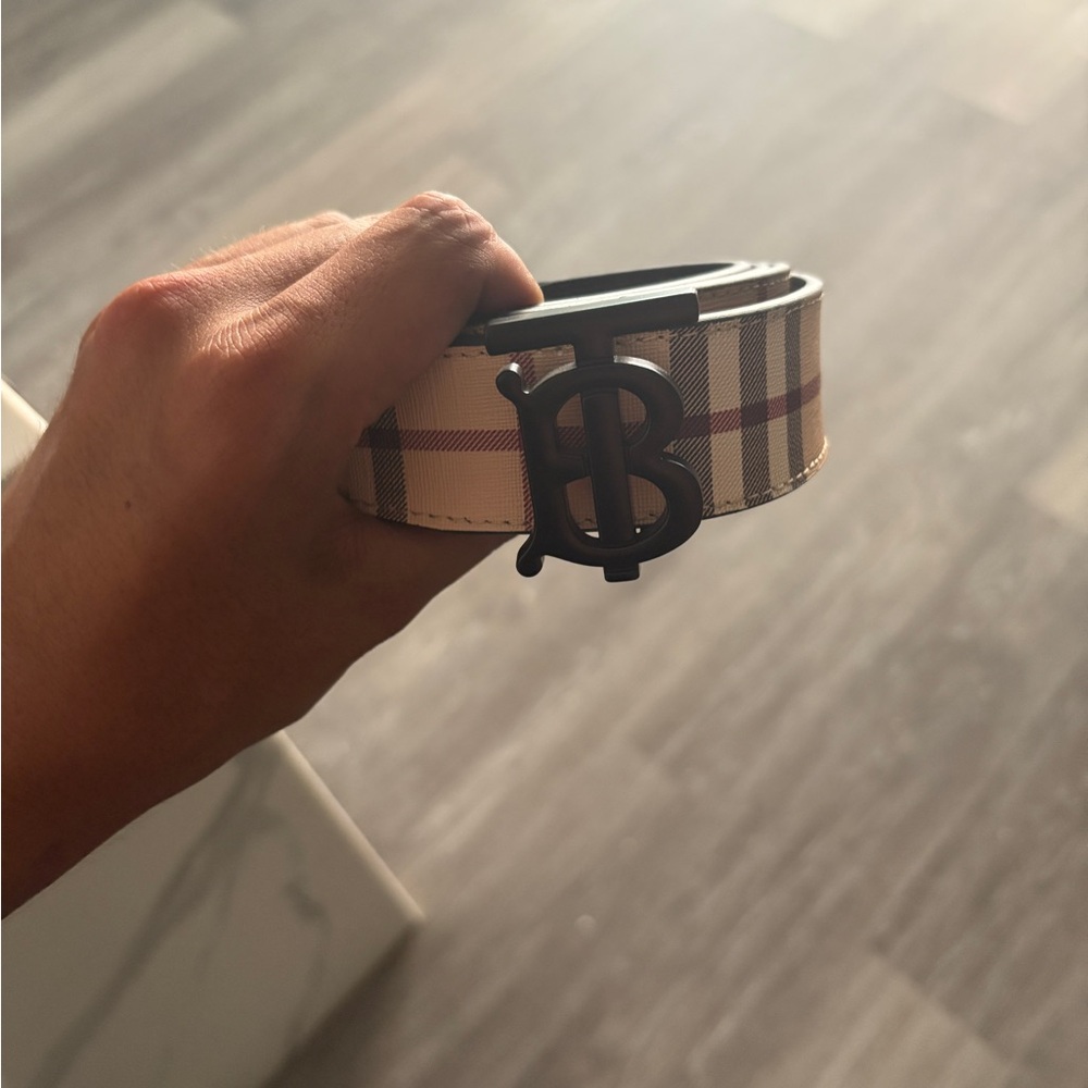 Burberry Beige Plaid Belt with Black Buckle